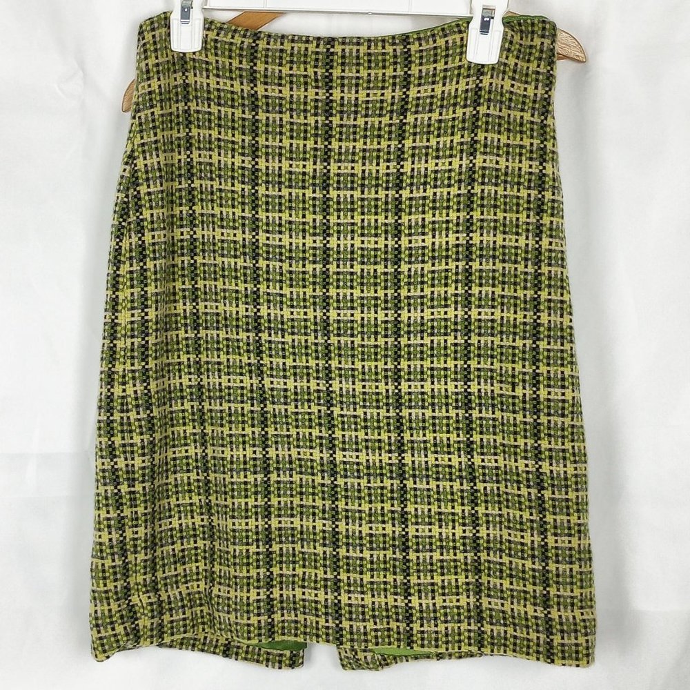 Theory Lime Green Plaid Tweed Wool Blend Knee Length Pencil Skirt Size 12